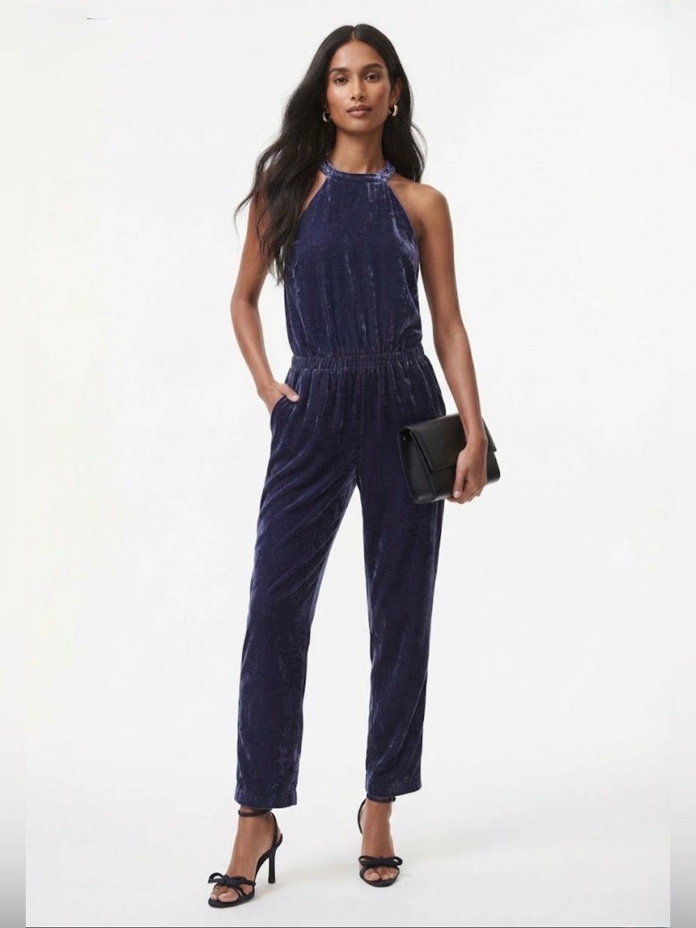 LOFT Petites Navy Blue Crushed Velvet Halter Jumpsuit Size LP